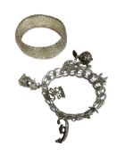 A fancy link charm bracelet stamped 925, and a further mesh link bangle.