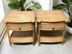 A pair of wicker bedside tables, fitted a drawer,