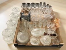Assorted crystal drinking glasses, pressed glass bowls, kitchen storage jars, etc.