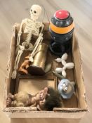 A small box of miscellaneous items including a jasperware table lighter, brass money box,