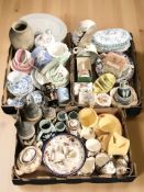 Pottery steins, assorted tea wares, crested china, transfer printed pottery, etc.