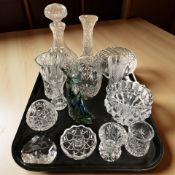 A crystal decanter, various vases, basket, Italian glass fish paperweight, etc.