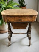 A Victorian figured walnut work table, width 60 cm.
