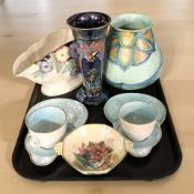 A Roskyl Pottery vase and five pieces of Maling lustre china including a pair of sandwich plates