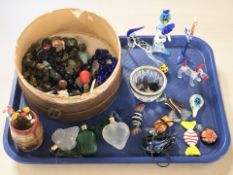 A group of continental studio glass animal figures, sweets, scent bottles, costume bead necklaces,