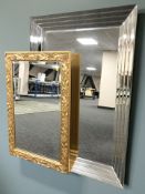 A contemporary gilt bevelled mirror, 95 cm x 64 cm, and a larger all-glass mirror.