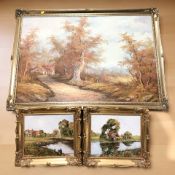 Contemporary School : A cottage in an autumnal landscape, oil on canvas, 59 cm x 91 cm,