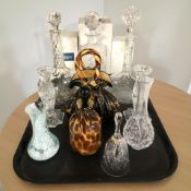 Three various glass decanters, pair of candlesticks, Caithness and Royal Doulton crystal items,
