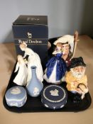 A Royal Doulton character jug 'Porthos' D6440, three pieces of Wedgwod jasperware,