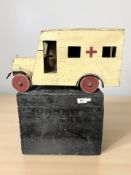 A stained pine box with Johnnie Walker stencilled writing,