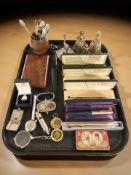 Four various sovereign cases, an Acme scout whistle, boxed pens including Cross,