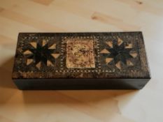 A Tunbridge Ware parquetry stamp box with a Victorian penny red applied to top, width 9 cm.