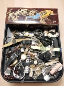 A Japanese lacquered table box and a large quantity of lady's and gent's wristwatches including