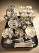 An EPNS four piece tea service, set of six goblets, a Scottish quaich,