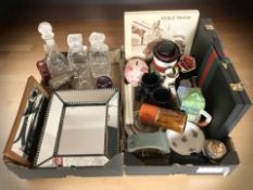 A group of pressed glass decanters, various ceramics, quartz timepiece, mirrors, etc.