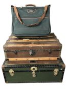 Two vintage trunks, largest 92 cm wide, and an antler luggage case.