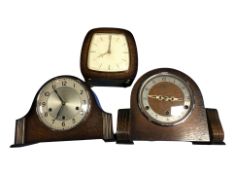 Two Smiths oak art deco mantel clocks and a Bentima clock