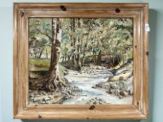 20th Century School : River through woodland, oil on board, 49 cm x 59 cm.
