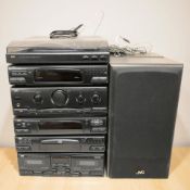 A JVC hi-fi system and a pair of speakers.