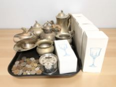 A group of EPNS wares, money box, pre-decimal coins, boxed crystal drinking glasses, etc.