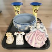 A pair of Crown Ducal hexagonal flared vases, a Wedgwood jasperware fruitbowl,