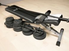 A Gym Sets adjustable workout bench, and a quantity of weights in unused condition.