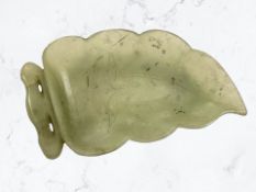 An antique Chinese pale green jade leaf dish, probably Qing dynasty,
