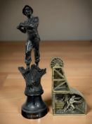 A French spelter figure of a miner and a further brass mining diorama, tallest 51 cm.