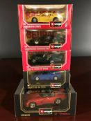 Five Bburago 1/24 scale die cast cars comprising EB 110 (1991), Dodge Viper (1992),