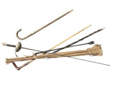 A two-piece split cane fishing rod, together with a vintage fencing foil,