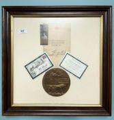 A World War I bronze death penny, named to William Turner, in frame, with accompanying ephemera.
