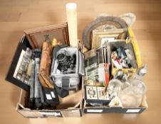 Assorted items including eastern metal chargers, EPNS items, playing cards, Praktica BX20 camera,