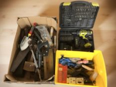 Assorted vintage and modern hand tools and hardware, and a boxed Guild 18V cordless drill,