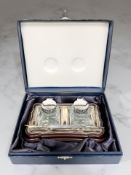 A Sterling silver mounted double inkwell stand with silver dip pen, width 17 cm, Sheffield 1998,