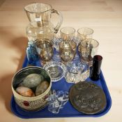 Glass water jug and similar glasses, paperweights, polished stone egg ornaments,