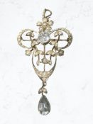 A 9ct gold Edwardian drop pendant set with seed pearls and aquamarine, length 6 cm.