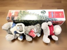 A 6' artificial Christmas tree in box and a group of modern Teddy bears