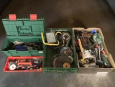 Vintage and modern hand tools, power tools, a site light, grinding discs, plastic toolbox, etc.