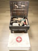 A vintage painted pine medical box and a shoe shine box.