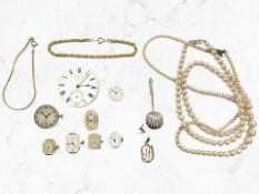 A small group of watch movements including Omega and Longines, a pair of sugar nips, costume pearls,