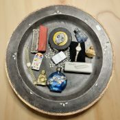 A large wooden dish with mother of pearl inlay,