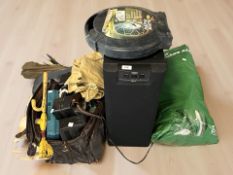 A quantity of tools and hardware, Yamaha sub woofer, camp bed,
