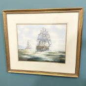 Ken Hammond : Tall ships in rough seas, oil on board, 50 cm x 39 cm.