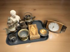 A group of Eastern metal wares, Metamec teak mantel timepiece, Japanese Shakudo ware ashtray,