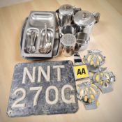 A stainless steel tea service, vintage registration plate, AA badges, etc.