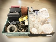 Assorted crystal and pressed glass ware, brass wares, mantel time piece with skeletonised movement,