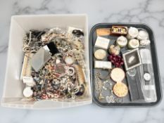 A large quantity of costume jewellery, Swatch watch, various pill/trinket boxes, Jasperware dish,