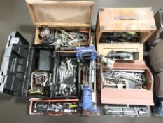 Several antique and later tools boxes containing a large quantity of hand tools, socket sets,