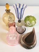 A group of studio glass wares including a Mdina perfume bottle, Murano, etc, tallest 19 cm.