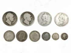 Four half crowns 1834, 1836, 1889, and 1891, three shillings 1887, 1920, and 1935, a sixpence 1887,